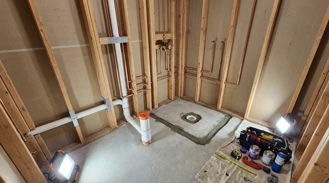Bathroom rough-in plumbing during remodel by Johns Plumbing LLC in Creedmoor