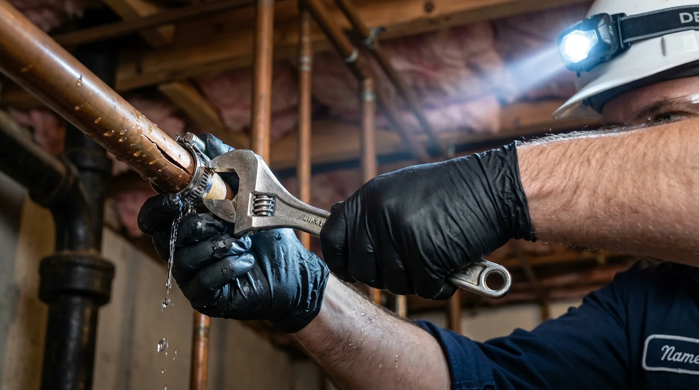 Emergency pipe clamp repair being performed by a Johns Plumbing LLC plumber in Creedmoor