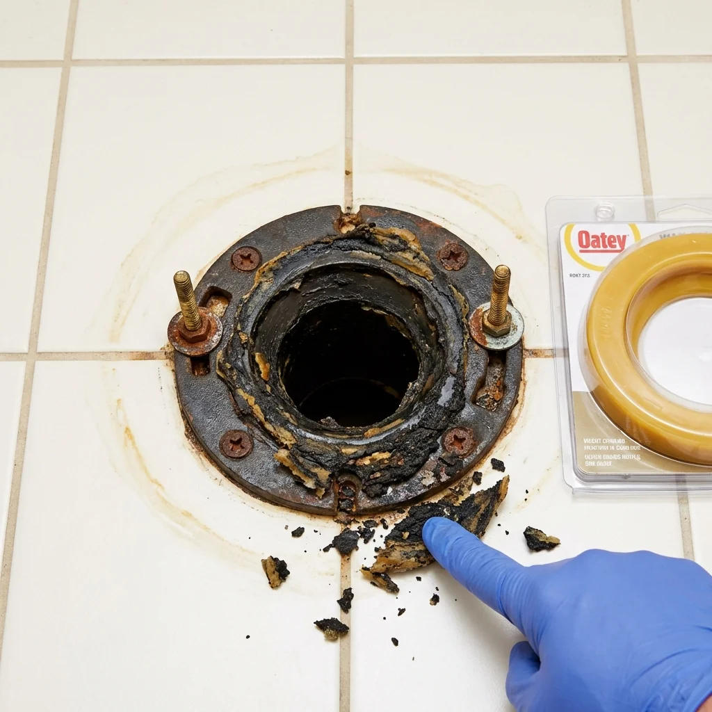 Failed wax ring showing water seepage at the base of a toilet in a Creedmoor, NC home