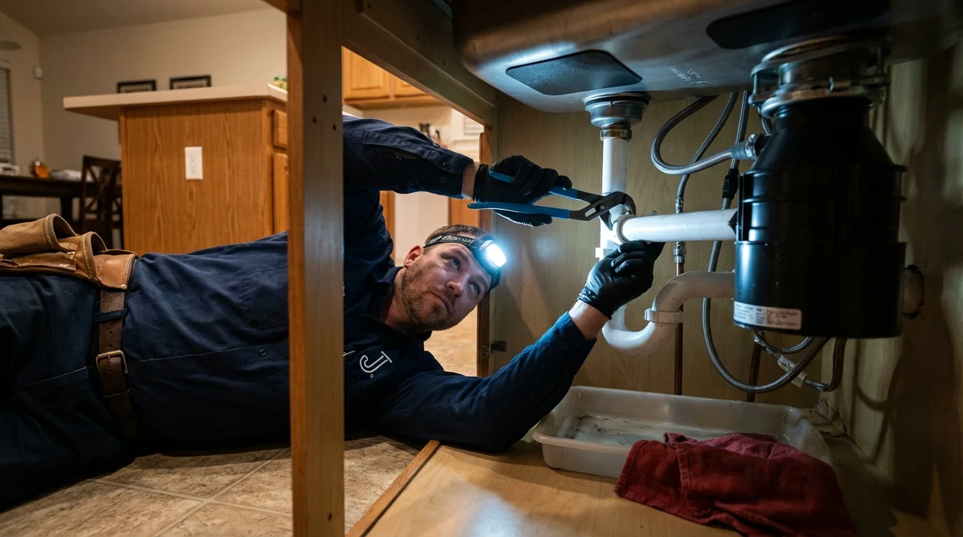 P-trap and supply line connections under a kitchen sink showing a common leak point in Creedmoor, NC